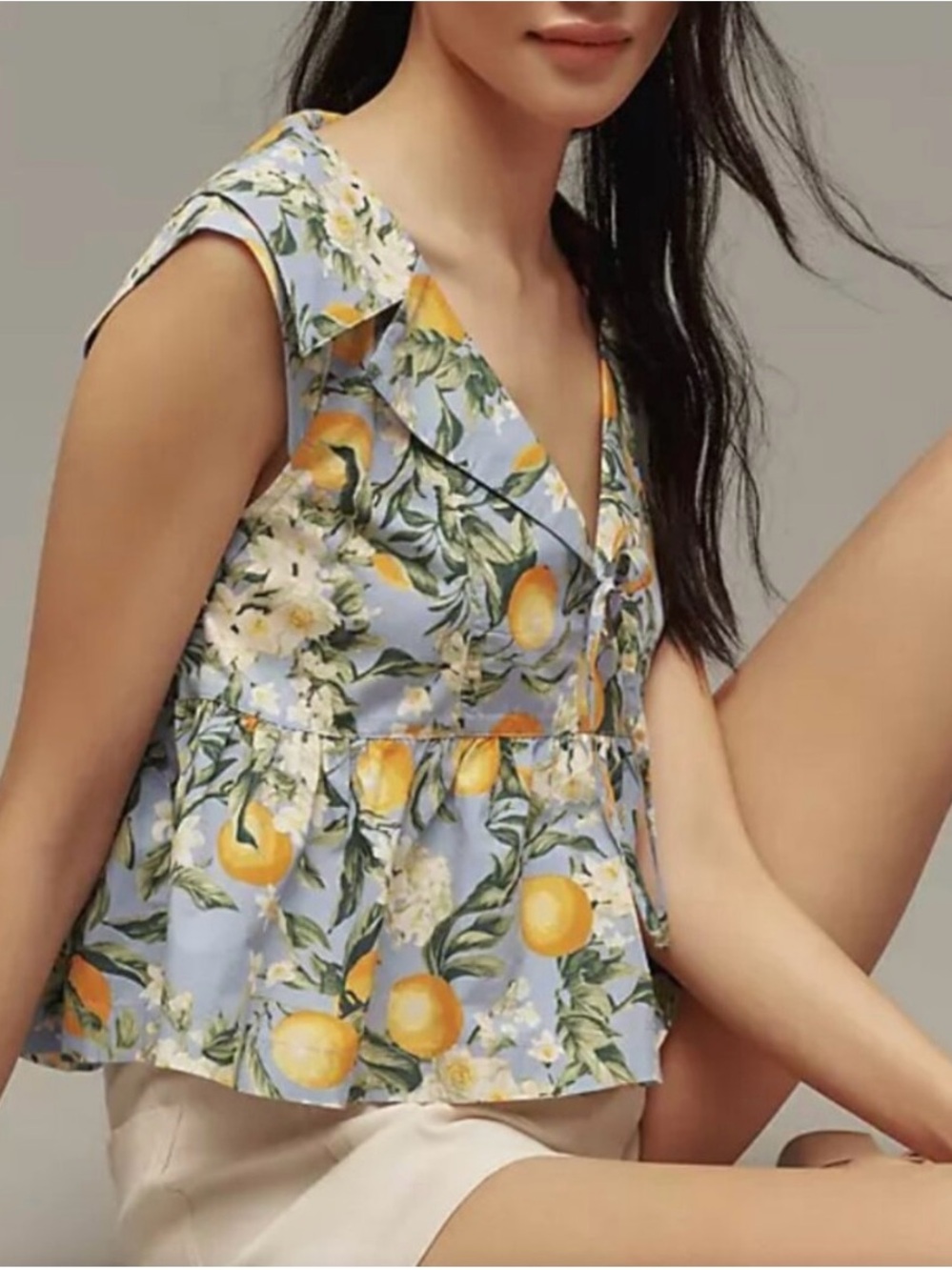 Maeve by Anthropologie Lemon Citrus  Floral Peplum Babydoll Top Relaxed Large